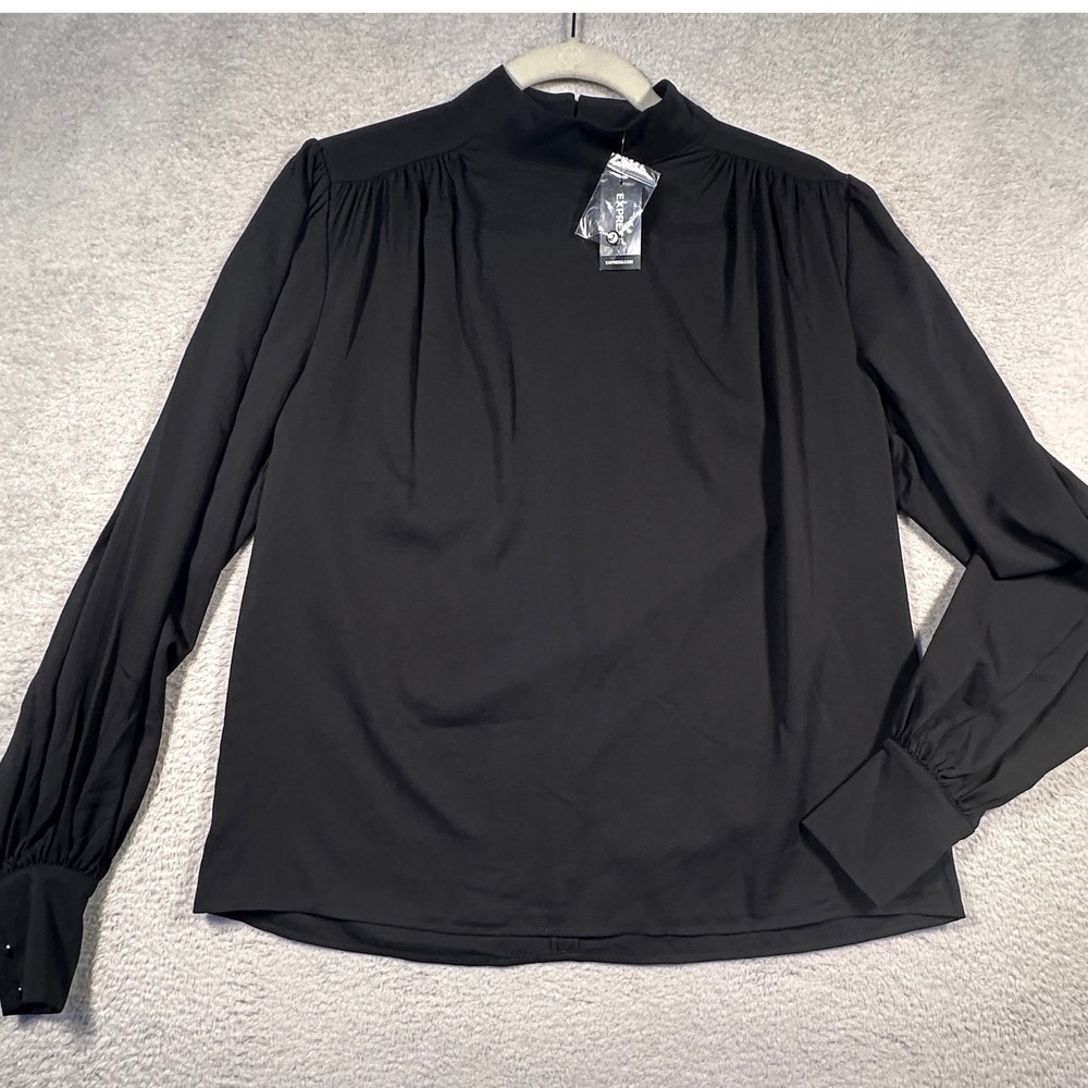 Express Black Long Sleeve‎ Mock Neck Blouse Top Puff Shoulder Cuff Detail NWT